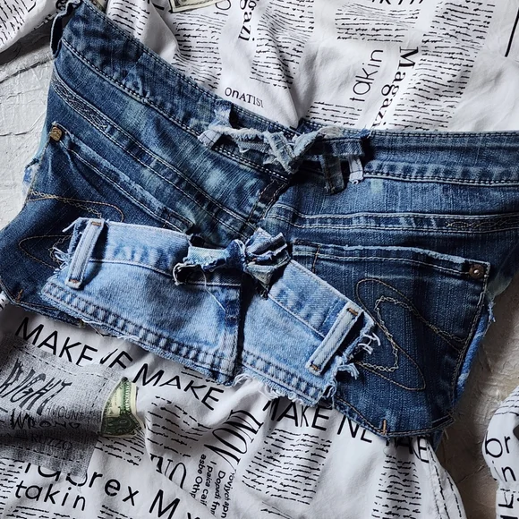 Designer Corset Sexy Top Upcycled Denim Distressed Fabric Boho Shabby Chic - Picture 9 of 14